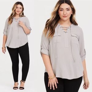 Torrid Harper Textured Woven Collared Lace-Up 3/4 Sleeve Blouse Size 1X Top Boho